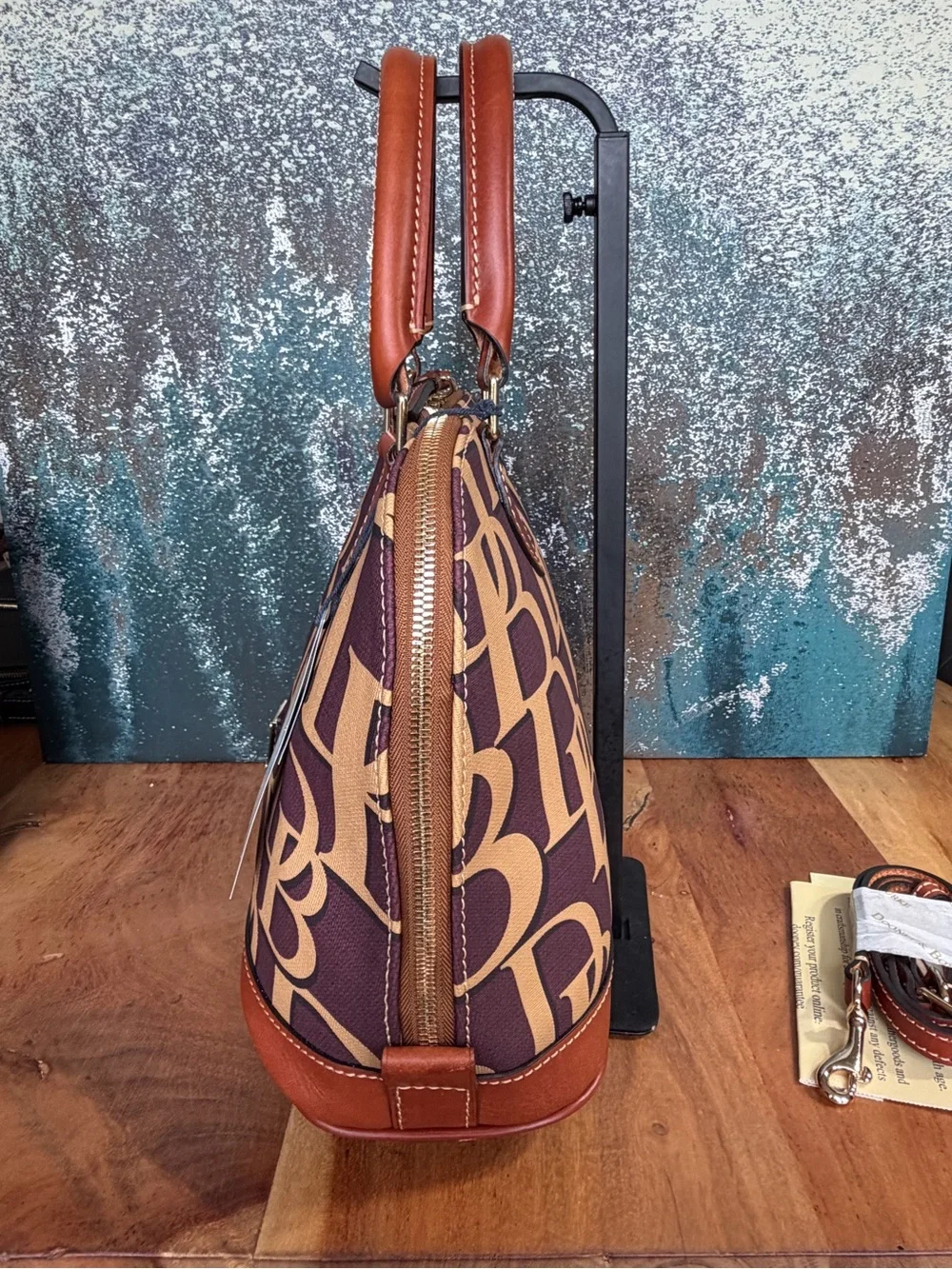 Dooney & Bourke Preppy Plum & British Tan DB Monogram Domed Satchel‎ NWT